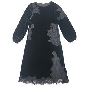 Gold Hawk Black Velvet Lace Applique Midi Dress Sample Size S